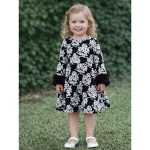 Janie and Jack Black Floral Dress Size 3 | Faux Fur Cuff Holiday Dress EUC